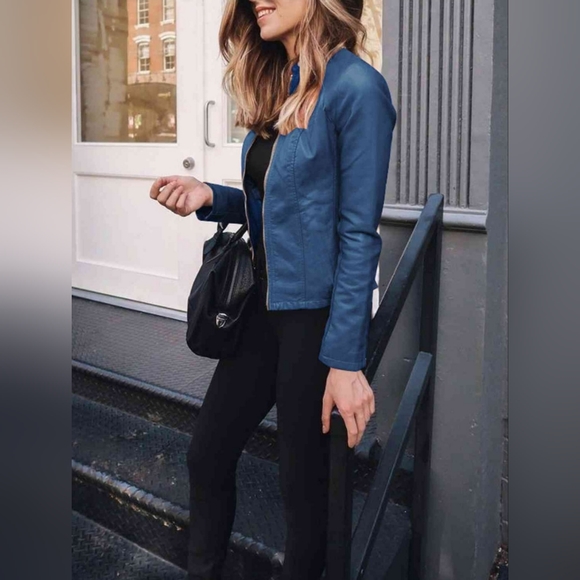 Chic Moto Vegan Leather Jacket Zip-up Sleek Snap Mock Neck Trendy Peacock Blue - Picture 8 of 11